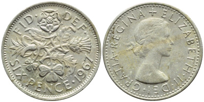Великобритания 6 пенсов 1967 Елизавета II (1952-2022) KM 903, Spink 4149 медно-никель 4392-1329