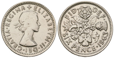 Великобритания 6 пенсов 1963 Елизавета II (1952-2022) KM 903, Spink 4149 медно-никель 4387-447