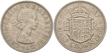 Великобритания 1/2 кроны 1962 Елизавета II (1952-2022) KM 907, Spink 4145 медно-никель 4587-1016