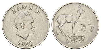 Замбия 20 нгве 1968 Кеннет Каунда, редунки KM 13 медно-никель 4678-1033
