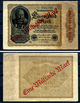 Германия 1000000000 марок 1923 красная диагональная, двухсторонняя надпечатка на 1000 марок 1922, бумага белая, водяной знак 1001 Pick 113 a (4) бумага 8589-6-3-2