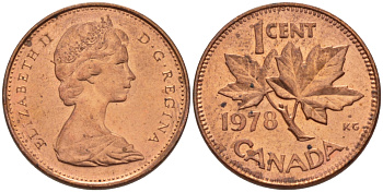 Канада 1 цент 1978 Елизавета II (1952-2022), кленовый лист KM 59.1 бронза 71-444