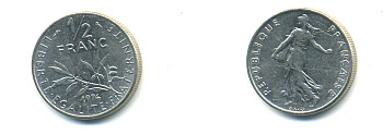 ФРАНЦИЯ 1/2 ФРАНКА 1974 СЕЯТЕЛЬ KM 931.1, LE FRANC 198.13 никель 176-1057