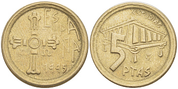 Испания 5 песет 1995 Хуан Карлос I (1975-2014), Астурия (ASTURIAS), крест KM 946 алюминиевая бронза 4181-1121