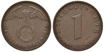 Германия 1 рейхспфенниг 1938 D KM 89, J. 361 бронза 4124-149
