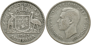 Австралия 1 флорин 1947 Георг VI (1937-1952), герб Австралии KM 40a серебро 1528-742