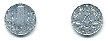 ГДР 1 ПФЕННИГ 1968 А KM 8.1 алюминий 59-1344