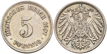Германия 5 пфеннигов 1907 A KM 11, J. 12 медно-никель 4151-457