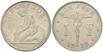 Бельгия 1 франк 1922 Belgique, Альберт I (1910-1934) KM 89 никель 261-345