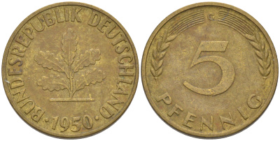 ФРГ 5 пфеннигов 1950 G KM 107, J. 382 сталь плакированная латунью 55-1252