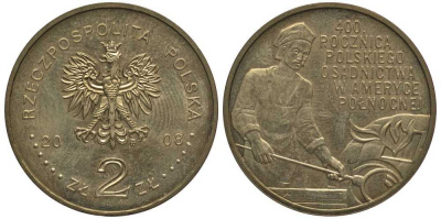 Польша 2 злотых 2008 400 лет первой волны эмиграции поляков в США, стеклодувы KM 659 латунь 114-424