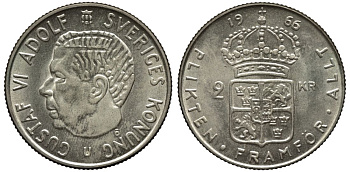 Швеция 2 кроны 1966 U, Густав VI Адольф (1950-1973) KM 827 серебро UNC 221-613