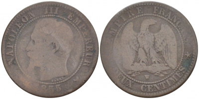 ФРАНЦИЯ 2 САНТИМА 1855 W, НАПОЛЕОН III (1852-1870) KM 776.7 бронза 116-741