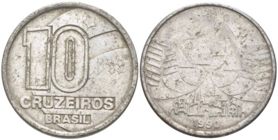 Бразилия 10 крузейро 1990 золотодобыча KM 619.1 нержавеющая сталь 3996-737