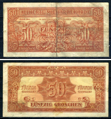 Австрия, Союзные военные власти 50 грошей 1944 Allierte Militaerbehoerde Pick 102 b бумага 7547-1-3-1