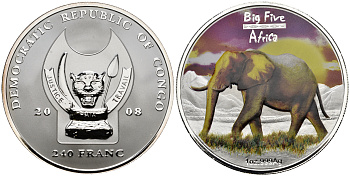 ДР Конго 240 франков 2008 серия 5 крупнейших животных Африки (Big Five), слон, цветная эмаль  серебро  PROOF  11-147-22