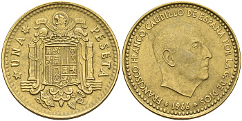 Испания 1 песета 1966 (67) Франсиско Франко (1939-1975) KM 796 алюминиевая бронза    4161-853