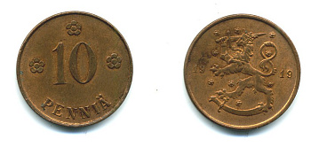 Финляндия 10 пенни 1919 KM 24 медь 37-124