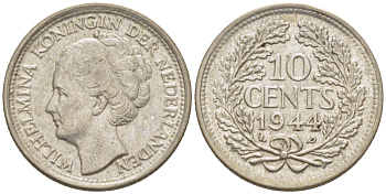 Нидерланды 10 центов 1944 Вильгельмина (1890-1948) KM 163 серебро aUNC 4392-113