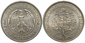 Германия 5 марок 1931 A, Дуб. Единство, справедливость, свобода, цена по каталогу МТ 450 евро J. 331, KM 56 серебро UNC 00-804-09