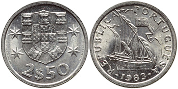 Португалия 2,5 эскудо 1983 парусник KM 590 медно-никель 4396-156