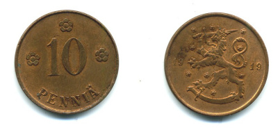 Финляндия 10 пенни 1919 KM 24 медь 37-124