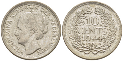Нидерланды 10 центов 1944 Вильгельмина (1890-1948) KM 163 серебро aUNC 4392-113