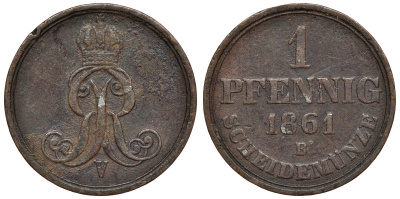 Ганновер 1 пфенниг 1861 B, Георг V KM 233, AKS 156, J. 90 медь 4594-453
