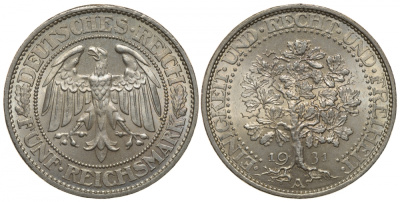 Германия 5 марок 1931 A, Дуб. Единство, справедливость, свобода, цена по каталогу МТ 450 евро J. 331, KM 56 серебро UNC 00-804-09