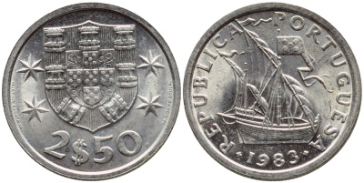 Португалия 2,5 эскудо 1983 парусник KM 590 медно-никель 4396-156