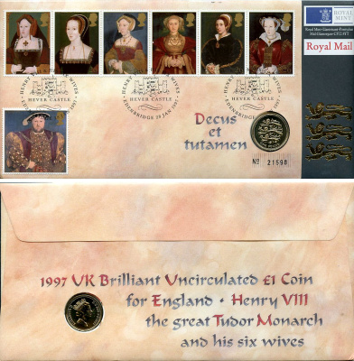 Великобритания 1 фунт 1997 Елизавета II (1952-2022), в оригинальном конверте, с марками, первый день гашения KM 975, Spink J12 медно-никель BU 4-3-8-53