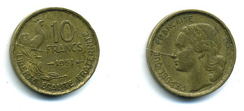 Франция 10 франков 1951 петух KM 915.1, Le Franc 363.4 алюминиевая бронза 46-421