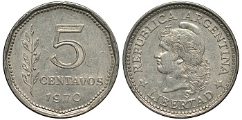 Аргентина 5 сентаво 1970 голова свободы влево KM 65 алюминий 4181-236