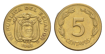 Эквадор 5 сентаво 1942 KM 75a латунь 1528-1344