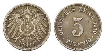 Германия 5 пфеннигов 1910 A, Вильгельм II (1888-1918) KM 11, J. 12 медно-никель 4647-865