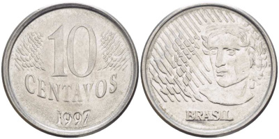 Бразилия 10 сентаво 1997 голова свободы KM 633 нержавеющая сталь 60-333