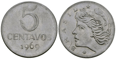Бразилия 5 сентаво 1969  голова свободы влево KM 577.2, Schon 82a нержавеющая сталь 4138-512