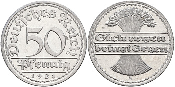 Германия 50 пфеннигов 1921 A KM 27, J.301, Weege 10 алюминий UNC 4584-841