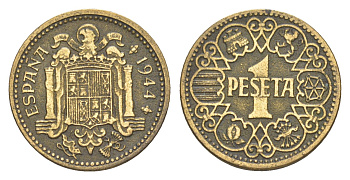Испания 1 песета 1944 национальное правительство (1939 - 1947) KM 767 алюминиевая бронза 4160-1153