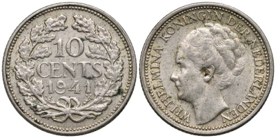 Нидерланды 10 центов 1941 Вильгельмина I (1890-1948) КМ 163 серебро 4549-1053