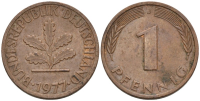 ФРГ 1 ПФЕННИГ 1977 J KM 105, J.380 сталь плакированная медью 4567-864