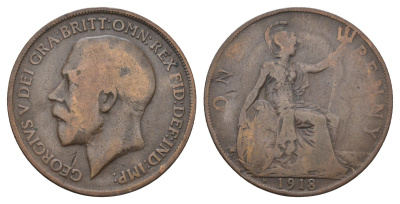 Великобритания 1 пенни 1918 H, Георг V (1910-1936) KM 810, Spink 4052 бронза 4661-612