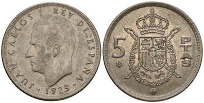 Испания 5 песет 1975 (77) Хуан Карлос I (1975-2014) KM 807 медно-никель 186-1213