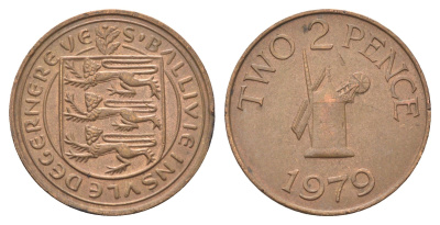 Гернси 2 пенса 1979 Елизавета II (1952-2022), ветряная мельница KM 28 бронза 4703-1152