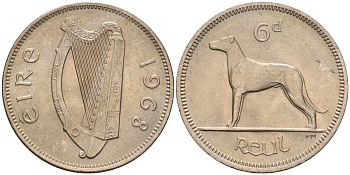 Ирландия 6 пенсов 1968 собака, ирландский волкодав KM 13а медно-никель UNC 4582-243