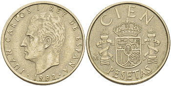 ИСПАНИЯ 100 ПЕСЕТ 1982 ХУАН КАРЛОС I ( 1975-) KM 826 алюминиевая бронза 4185-944