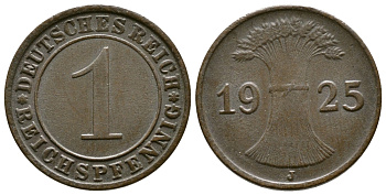 ГЕРМАНИЯ 1 РЕЙХСПФЕННИГ 1925 J KM 37, J. 313 бронза 4380-1137
