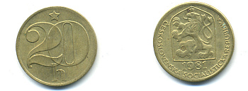 ЧЕХОСЛОВАКИЯ 20 ГЕЛЛЕРОВ 1990 KM 74 латунь 89-1822