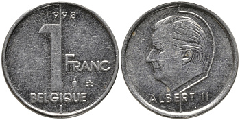 БЕЛЬГИЯ 1 ФРАНК 1998 BELGIQUE, АЛЬБЕРТ II (1993-) KM 187 железо плакированное никелем 99-1233