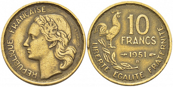 Франция 10 франков 1951 B, петух KM 915.2, Le Franc 363.5 алюминиевая бронза 112-836
